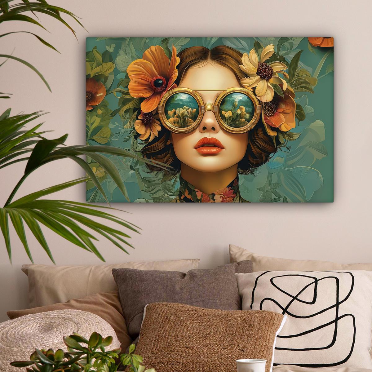 LEINWANDBILD Frau - Blumen - Schmetterlinge - Natur - Vintage Gemälde 60x40 cm - Salbeigrün, Textil (60/40cm) - MuchoWow