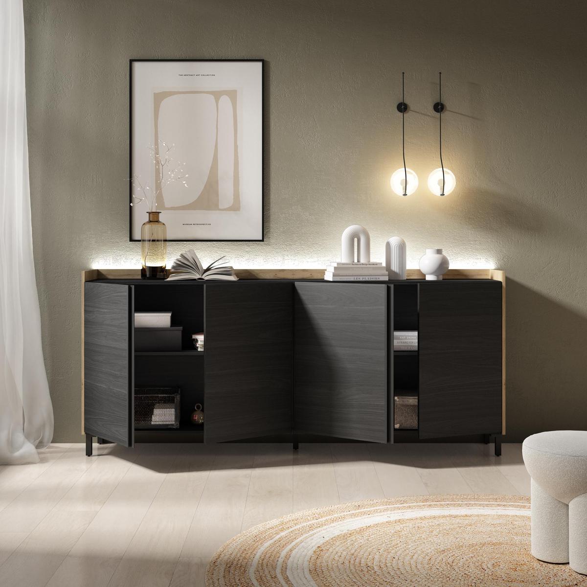 SIDEBOARD, Schwarz und Eiche, 207/35/91cm, mit Beinen - Schwarz, Holzwerkstoff (207/91/35cm) - Skraut Home