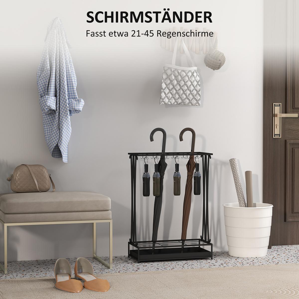 REGENSCHIRMSTÄNDER mit 24 Haken, 21 Löchern, 50 x 24 x 68 cm, Schwarz - Schwarz, Metall (24/68/50cm) - HOMCOM