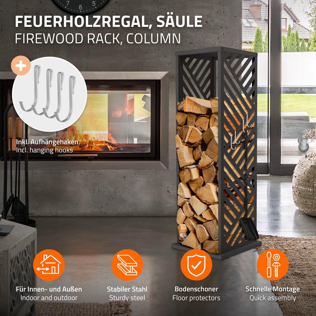 KAMINHOLZREGAL Innen Außen Brennholzregal 37,5x37,5x112 cm Stahl Verzinkt Anthrazit Streifen-Motiv - Anthrazit, Metall (37.5/112/37.5cm) - ML-DESIGN