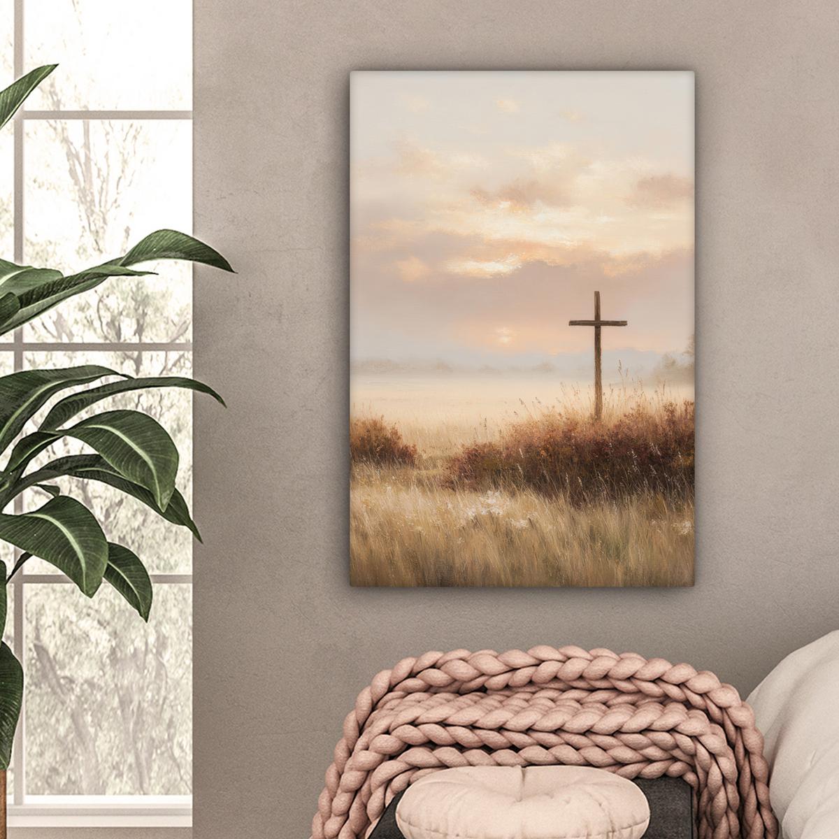 LEINWANDBILD Gras - Morgennebel - Kreuz - Christentum Wanddeko Schlafzimmer 60x90 cm - Beige, Textil (60/90cm) - MuchoWow