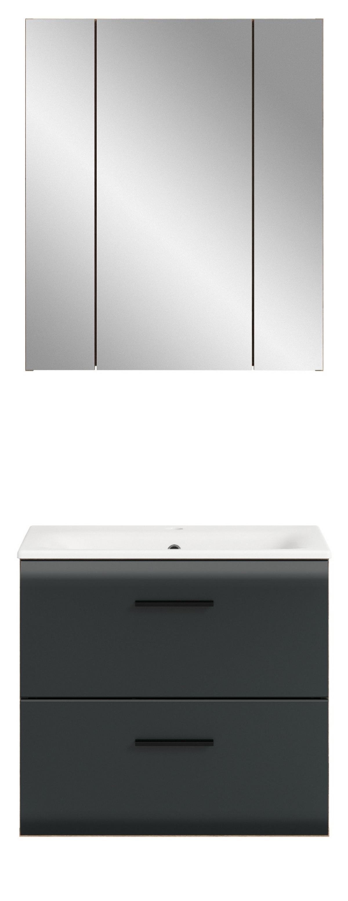 BADMÖBEL-SET 2-teilig Schwarz matt und Eiche Komplett-Set mit Waschbecken, 60 x 185 cm - Eichefarben/Schwarz, Glas/Holz (60/185/46cm) - Inn.Furn