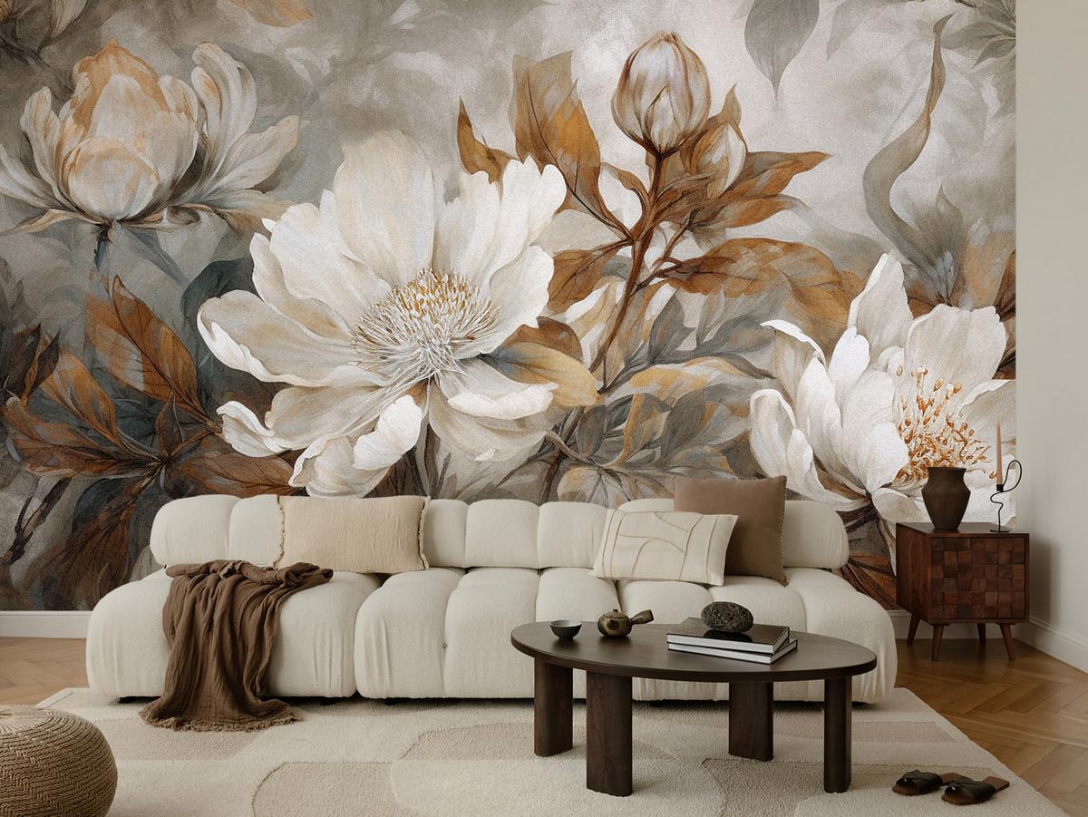 FOTOTAPETE für Wohnzimmer Blätter Abstrakte Blüten Pflanzen Retro 150x105 - Grau, Papier (150/105cm) - Muralo
