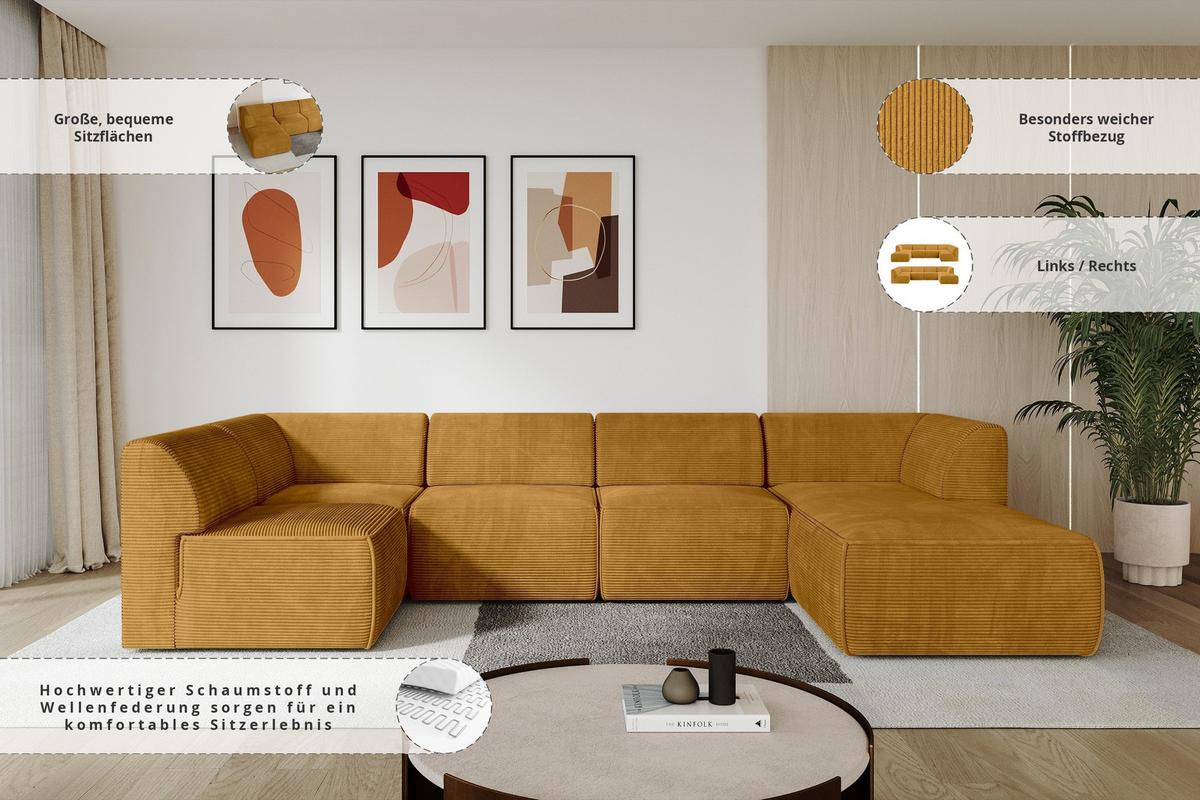 WOHNLANDSCHAFT Ottomane Rechts MOVO-L 345x180x78 cm Senffarbe Cord - Honig, Holzwerkstoff/Kunststoff (180/78/345cm) - ALTDECOR