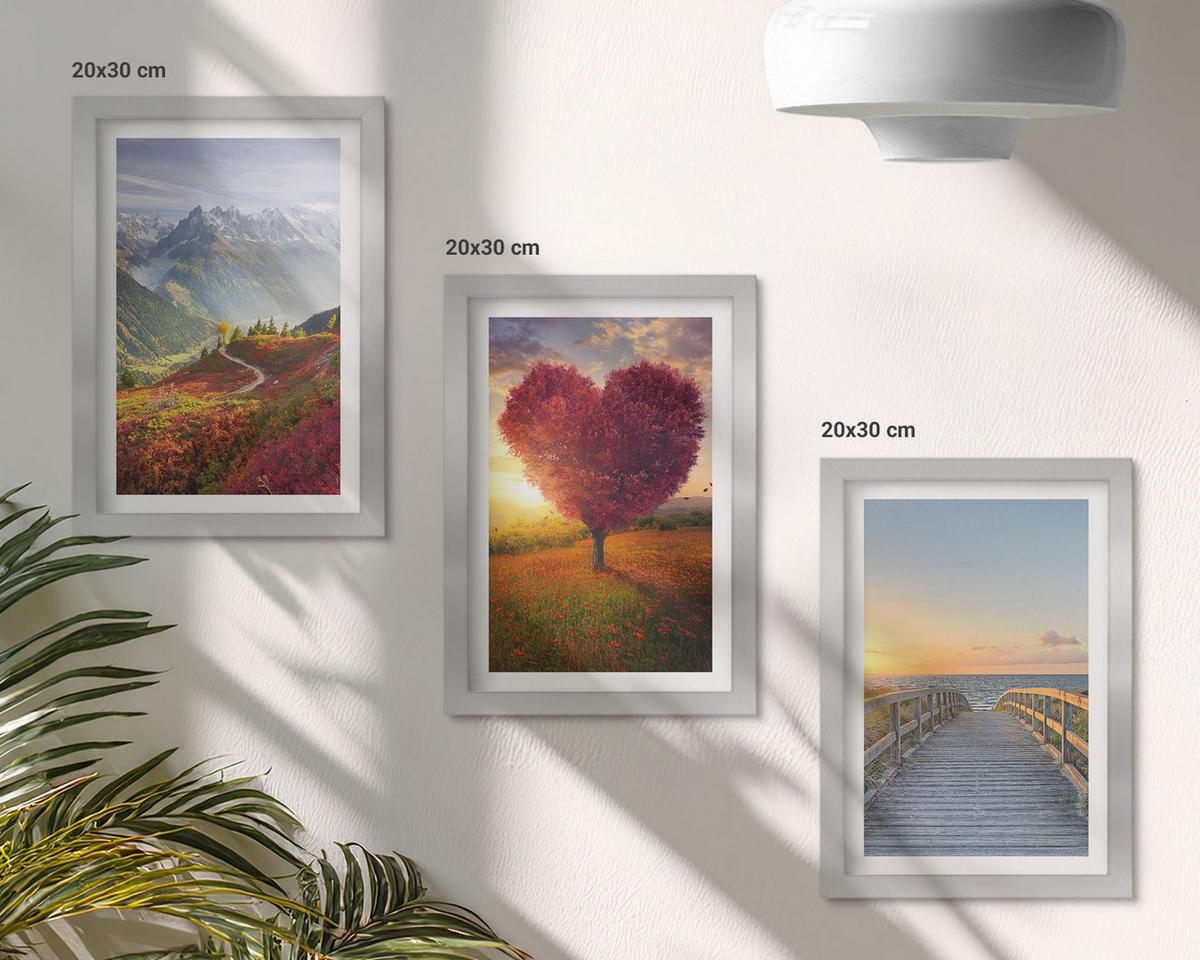 BILDER SET 3er Set - 20x30 cm Silberner Rahmen - Landschaften Berge Baum Herz Pier - Silberfarben, Kunststoff (20/30cm) - TULUP