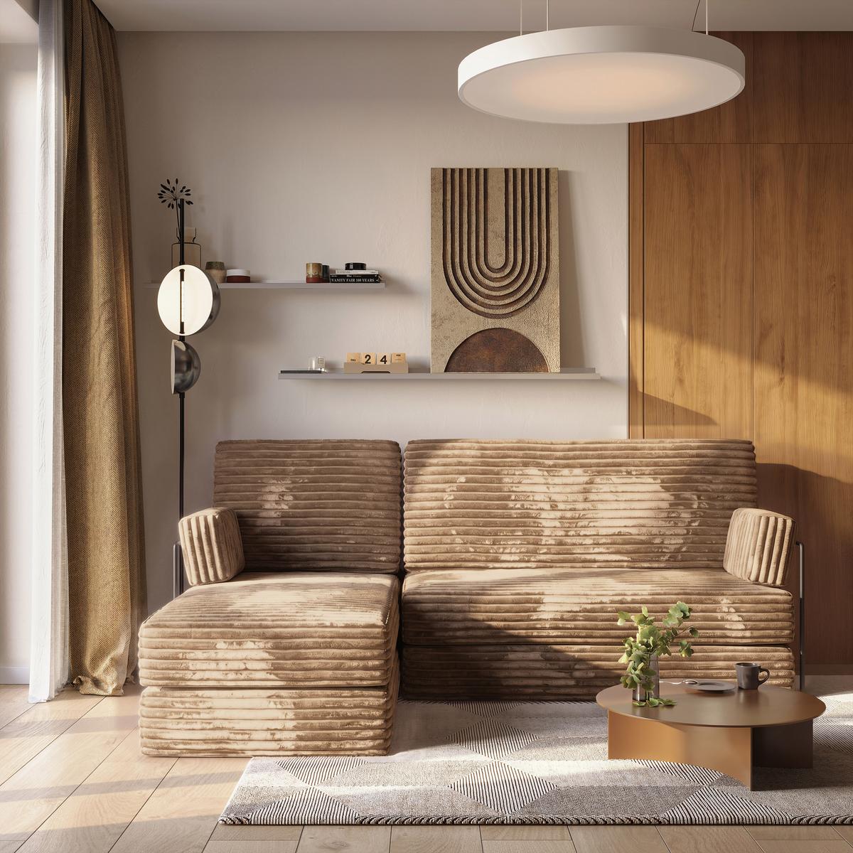 ECKSOFA NOTIA modulares Boneless Sofa mit Schlaffunktion Beige Kordstoff - Beige, Textil (200/120cm) - MASSENO
