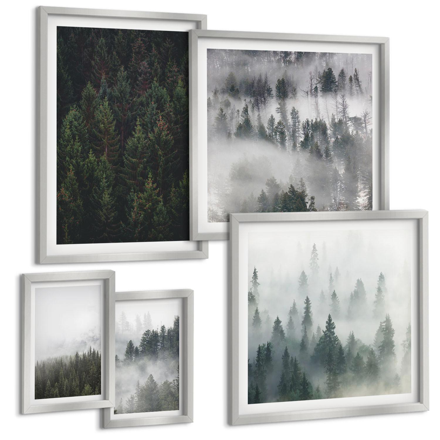 BILDER SET 5er Set - 50x50 cm & 20x30 cm & 40x60 cm Silberner Rahmen - Grüne Wälder, neblige Landschaft - Silberfarben, Kunststoff (40/60cm) - TULUP