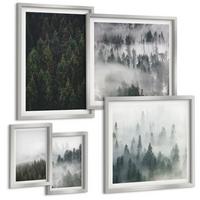 BILDER SET 5er Set - 50x50 cm & 20x30 cm & 40x60 cm Silberner Rahmen - Grüne Wälder, neblige Landschaft - Silberfarben, Kunststoff (40/60cm) - TULUP