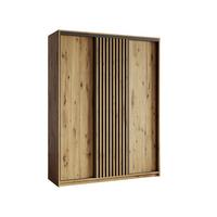 SCHWEBETÜRENSCHRANK VONTE 150/205/60 cm 3-türig mit Lamellen Eiche Artisan - Schwarz/Eiche Artisan, Holzwerkstoff (150/205/60cm) - MASSENO