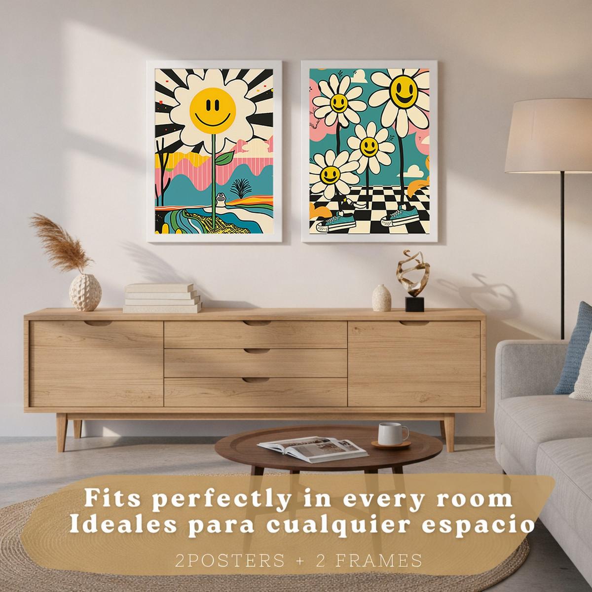 POSTER 4er Kunstdruck-Set Wandbilder Smiley Blume modern Wohnzimmer Deko, Schlafzimmer, Küche, Badezimmer Weißer Rahmen A4 - Weiß, Papier (29.7/1/21cm) - Nacnic