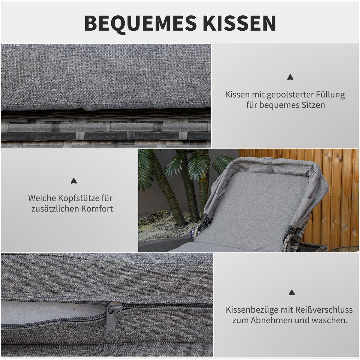 SONNENLIEGE aus Polyrattan, Grau - Grau, Metall (65/40/195cm) - Outsunny