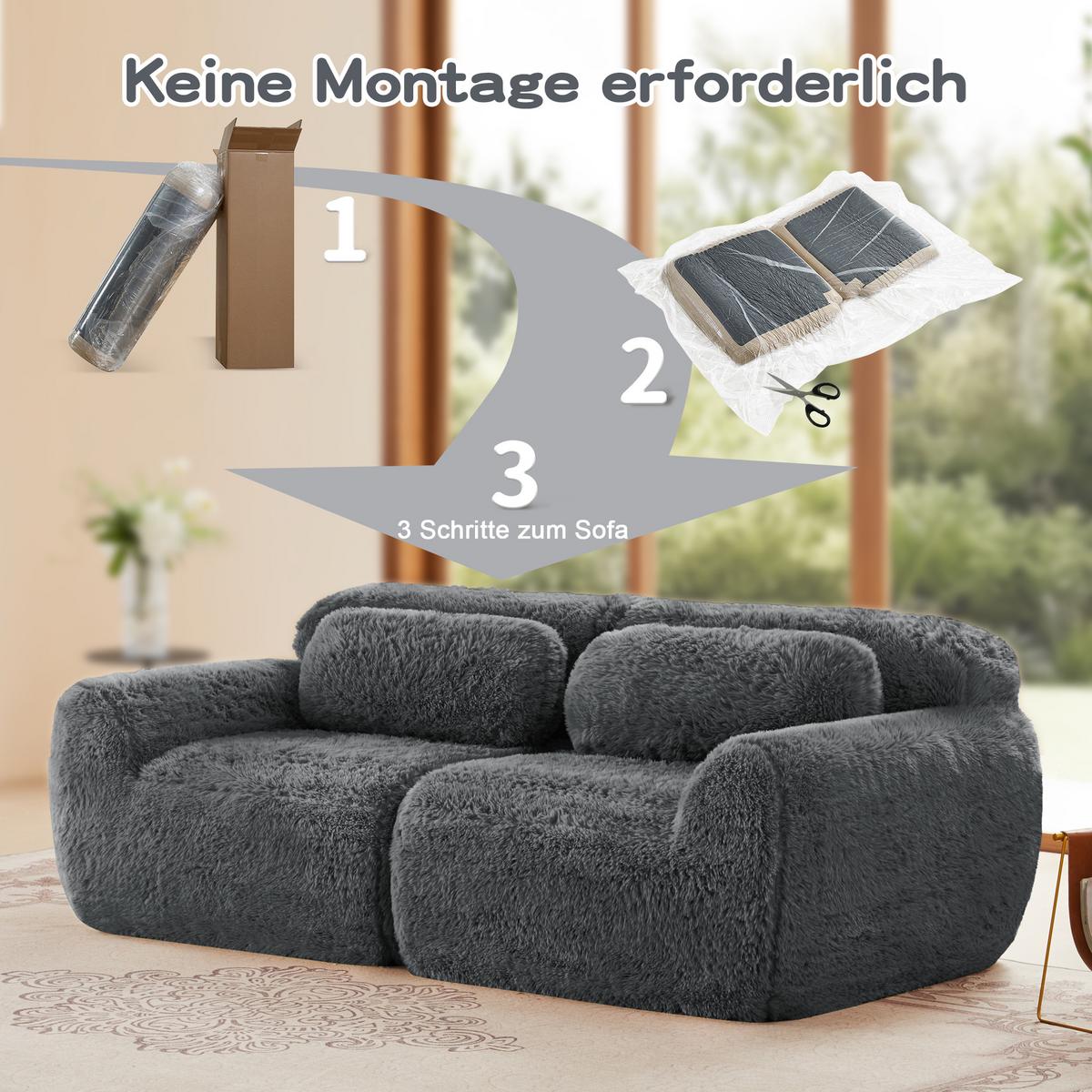 2-SITZER SOFA plüschstoff grau mit rahmenlosem design & rutschfester basis - Grau, Textil (204/73/104cm) - Urban Meuble