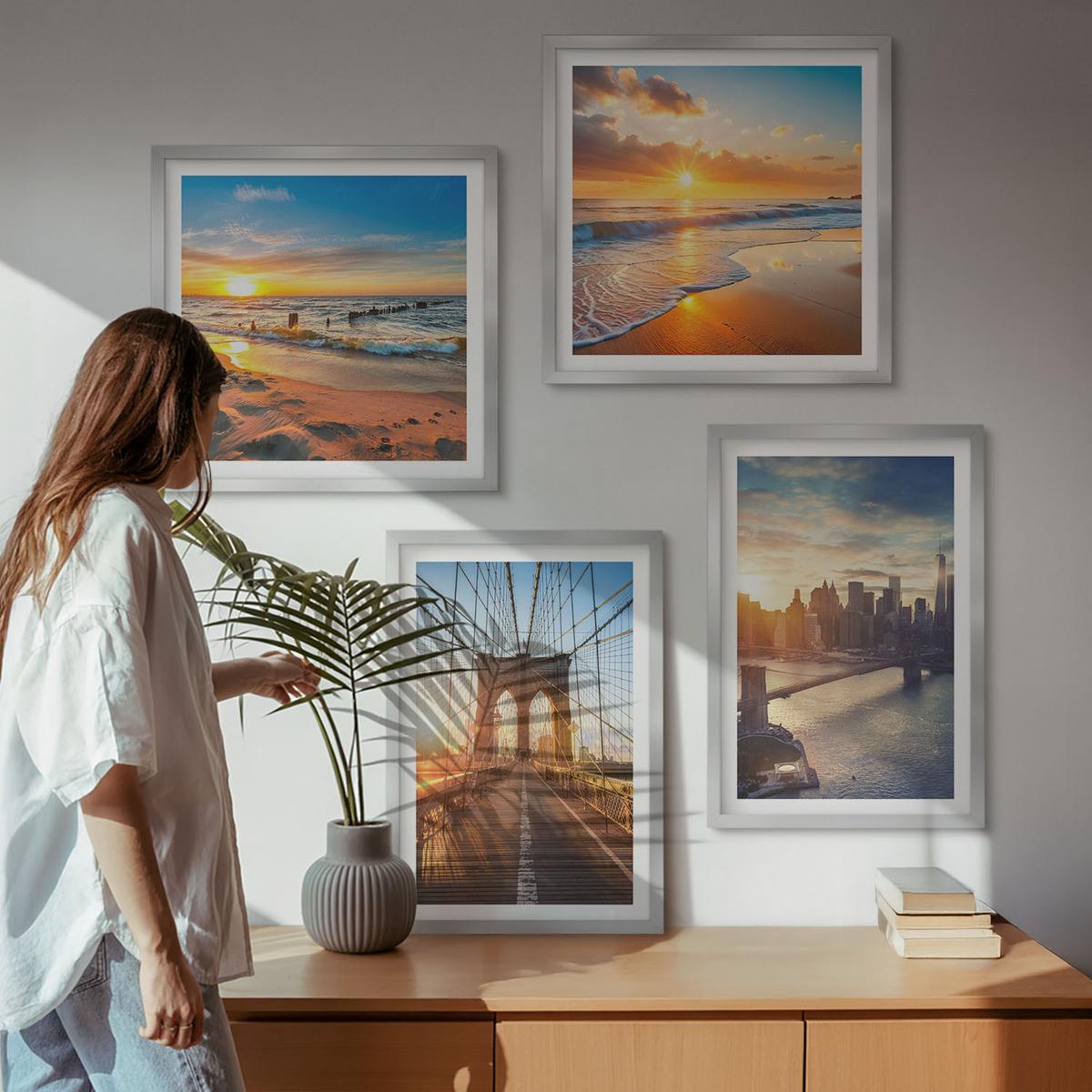 BILDER SET 4er Set - 50x50 cm & 40x60 cm Silberner Rahmen - Brücken, Sonnenuntergänge, Stadt - Silberfarben, Kunststoff (50/50cm) - TULUP