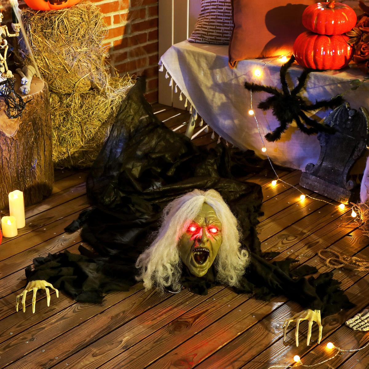 HALLOWEEN-DEKORATION Zombie-Alte 183 cm mit LED-Lichter, Soundfunktion - Schwarz, Textil (18/183/80cm) - Outsunny