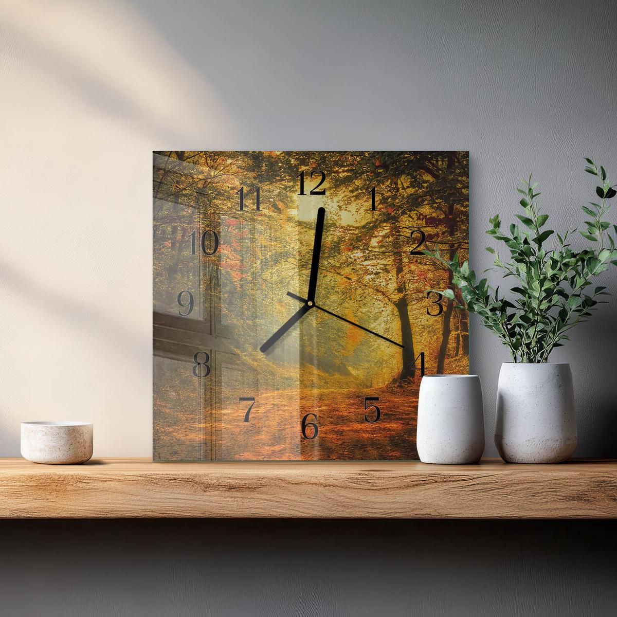 WANDUHR aus Glas 30x30 cm - Herbst im Wald - Orange, Glas (30/30/0.4cm) - TULUP