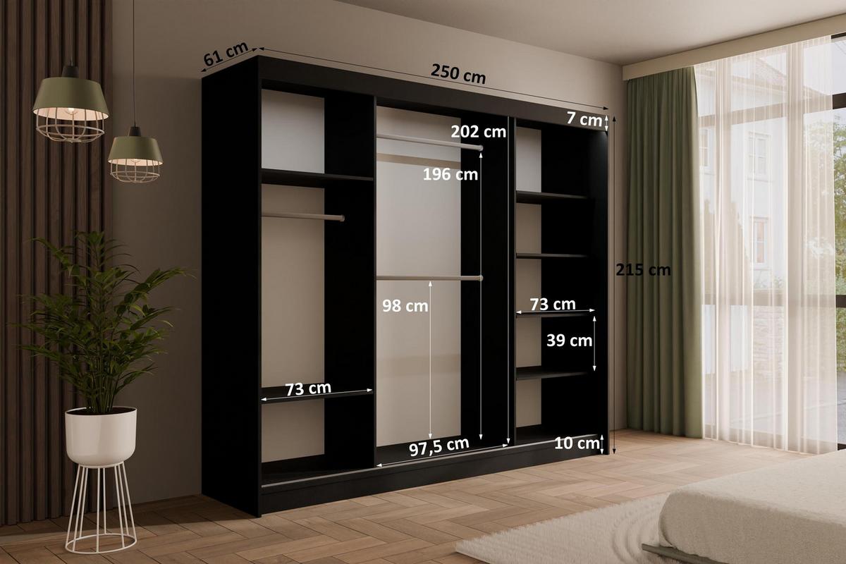 KLEIDERSCHRANK PEKA III mit LED - 250 cm - Schwarz|Weiß - Schwarz/Weiß, Holzwerkstoff (250/215/61cm) - ALTDECOR