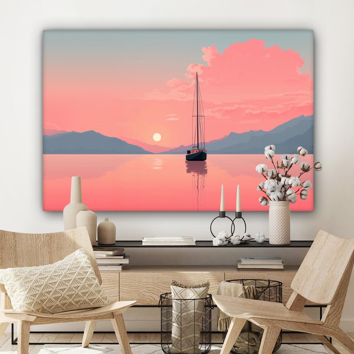 LEINWANDBILD Segelboot - Rosa Meer - Sonnenuntergang - Berge Groß 140x90 cm - Rosa, Textil (140/90cm) - MuchoWow