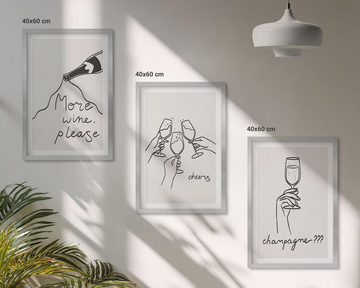 BILDER SET 3er Set - 40x60 cm Silberner Rahmen - Champagner-Wein-Linienzeichnung - Silberfarben, Kunststoff (40/60cm) - TULUP