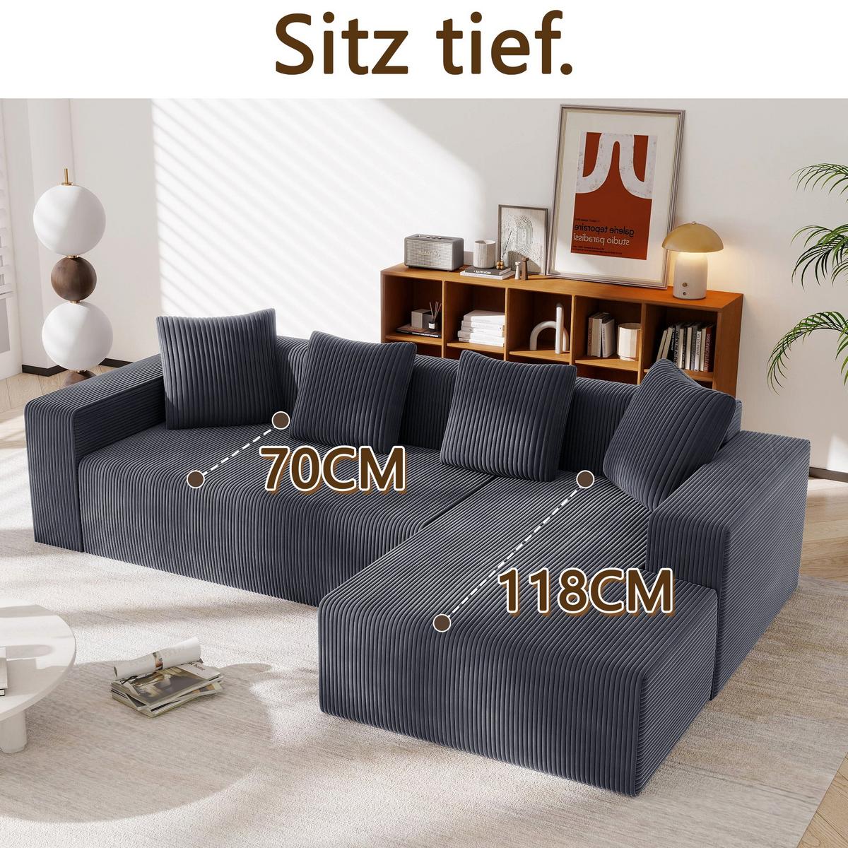 ECKSOFA aus Cord in Grau modulares Cloud-Design & ohne Montage - Beige, Textil (146/261cm) - Urban Meuble
