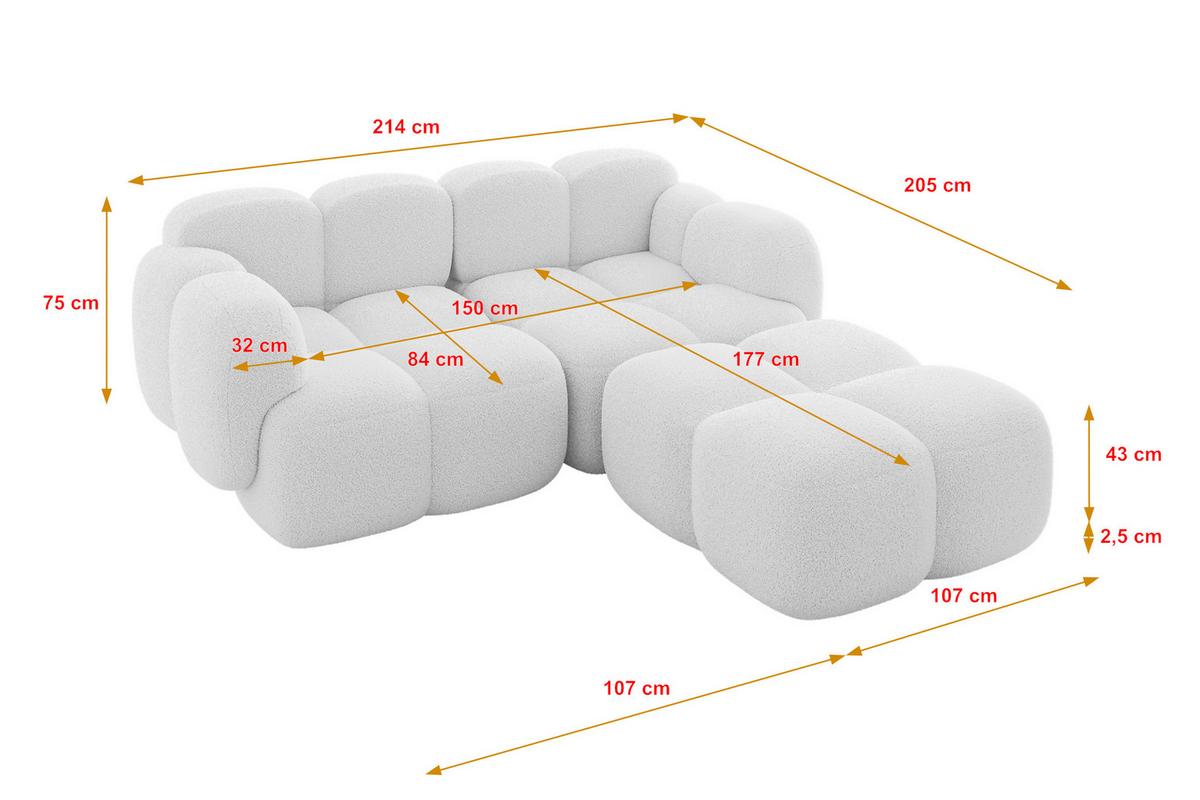 ECKSOFA modulares Sofa Rechts Miko-L1 214x205x75 Weiß Bouclé - Schwarz/Weiß, Holzwerkstoff/Kunststoff (214/205cm) - ALTDECOR