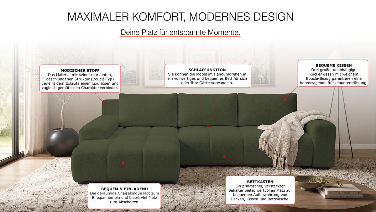 ECKSOFA Ovia mit Bettkasten und Schlaffunktion, Bouclé-Stoff in L-Form - Grün, Textil (270/185cm)