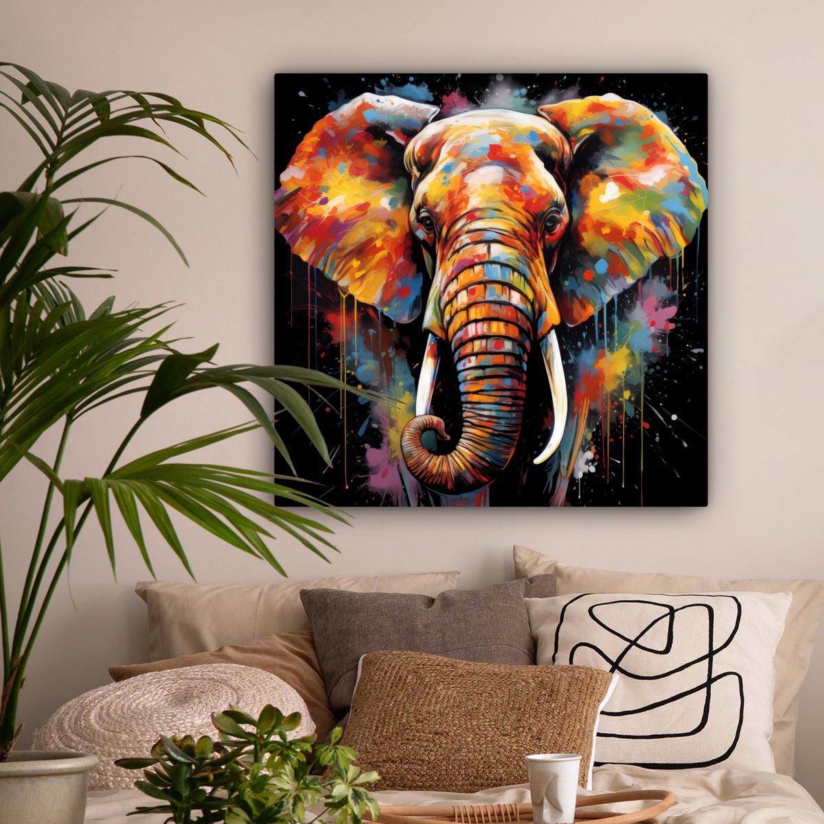 LEINWANDBILD Elefant - Graffiti - Schwarz - Tiere - Farben Deko Groß 90x90 cm - Schwarz, Textil (90/90cm) - MuchoWow