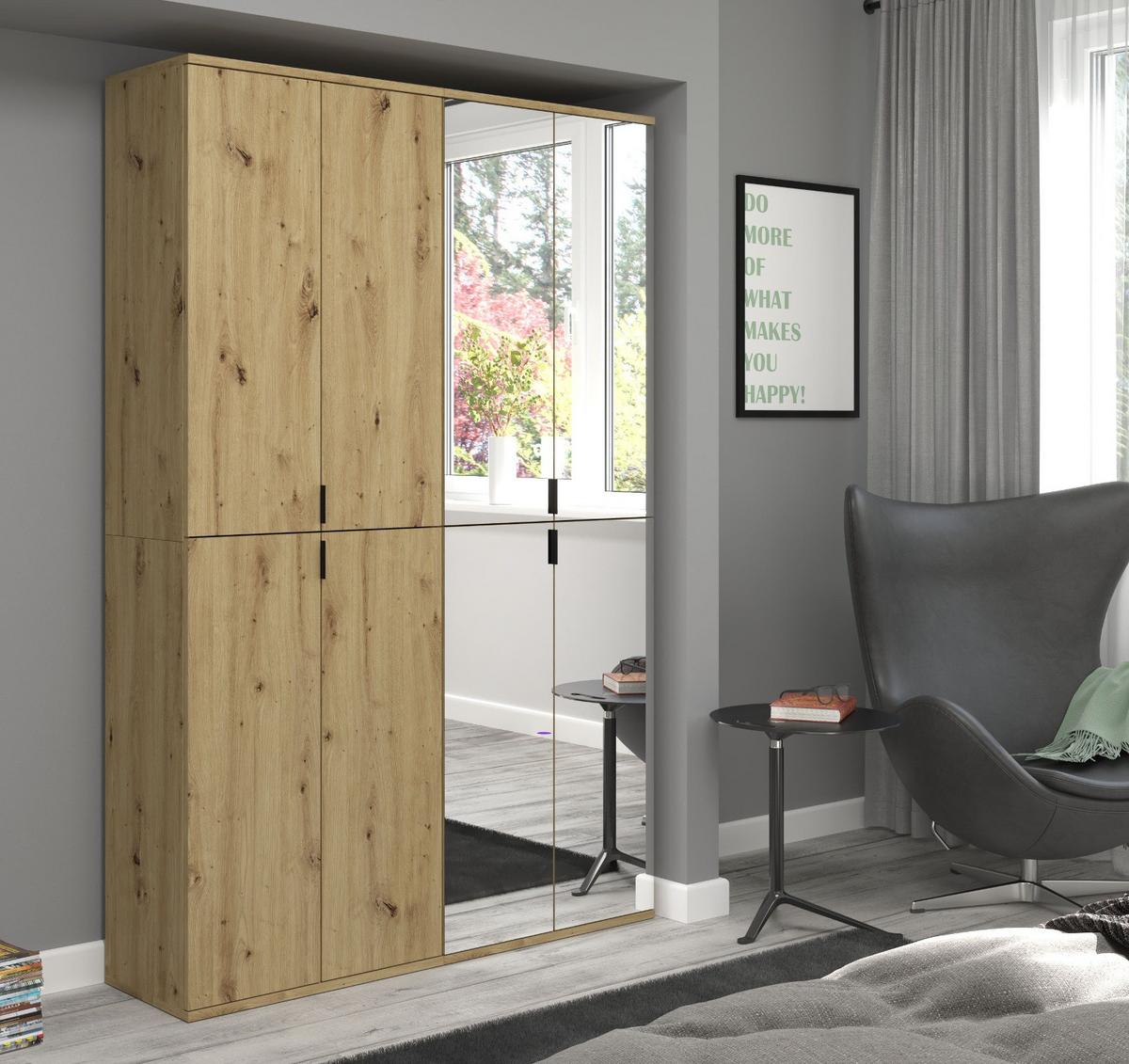 GARDEROBENSCHRANK Eiche 122 cm, Flurschrank mit Spiegel - Chromfarben/Schwarz, Glas/Holzwerkstoff (122/193/34cm) - Inn.Furn