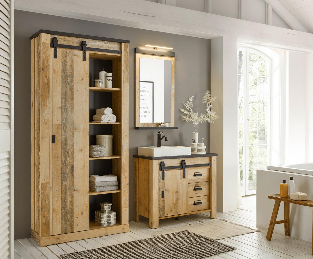 BADMÖBEL-SET 5-teilig, Used Wood hell, anthrazit, Badkombination mit Waschbecken LED Spiegellampe - Eichefarben/Anthrazit, Holzwerkstoff/Metall (208/210/43cm) - Furn.Design