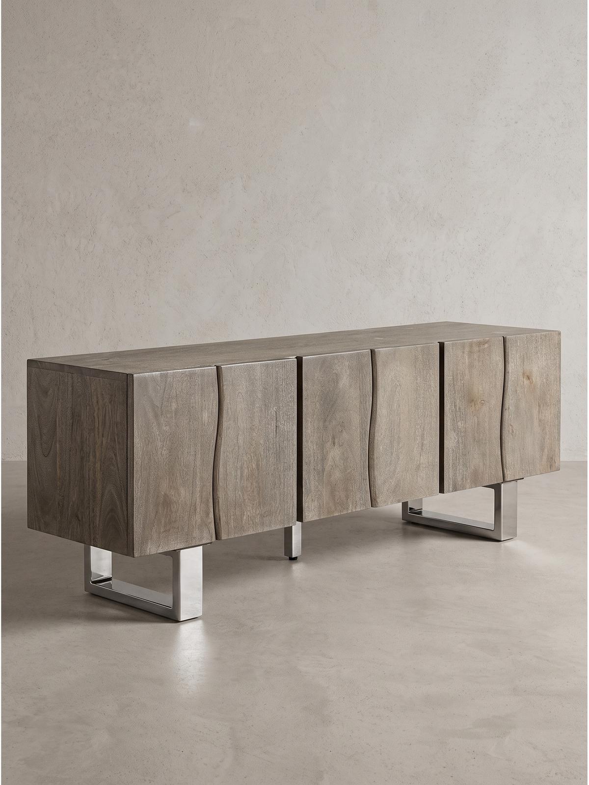 LOWBOARD GRIPSHOLM, Akazie Massivholz, handgefertigt, Akazie-Grau, 160 x 46 x 56 cm - Chromfarben/Grau, Holz/Metall (160/56/46cm) - KADIMA DESIGN
