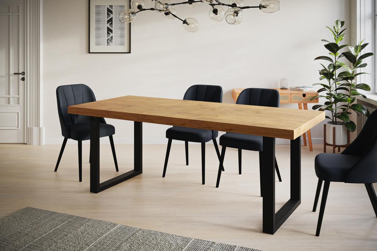 INDUSTRIELLER Esszimmertisch LOFT-U, ausziehbarer Tisch, Größe: 180-280X90X77 cm, Wohnzimmertisch Farbe: LANCELOT, mit Metallbeinen in Farbe Schwarz - Beige/Schwarz, Holzwerkstoff (180/90/77cm) - Alpi-Möbel