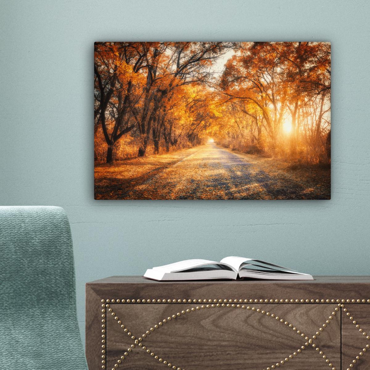 LEINWANDBILD Wald - Herbst - Bäume - Waldweg - Natur Deko Schlafzimmer 30x20 cm - Bernsteinfarben, Textil (30/20cm) - MuchoWow