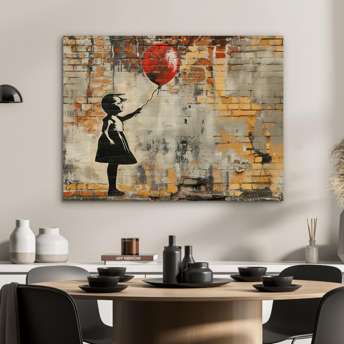 METALLBILD Graffiti - Banksy - Mädchen - Straßenkunst 80x60 cm - Sandfarben, Metall (80/60cm) - MuchoWow