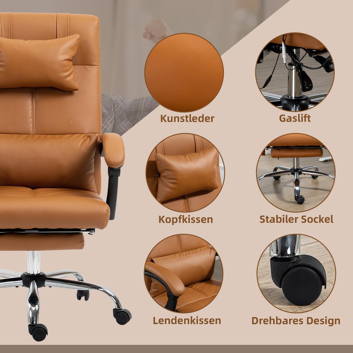 BÜROSTUHL mit Massagefunktion, Ergonomisch Schreibtischstuhl mit Liegefunktion - Braun, Leder (67/122/66cm) - Vinsetto