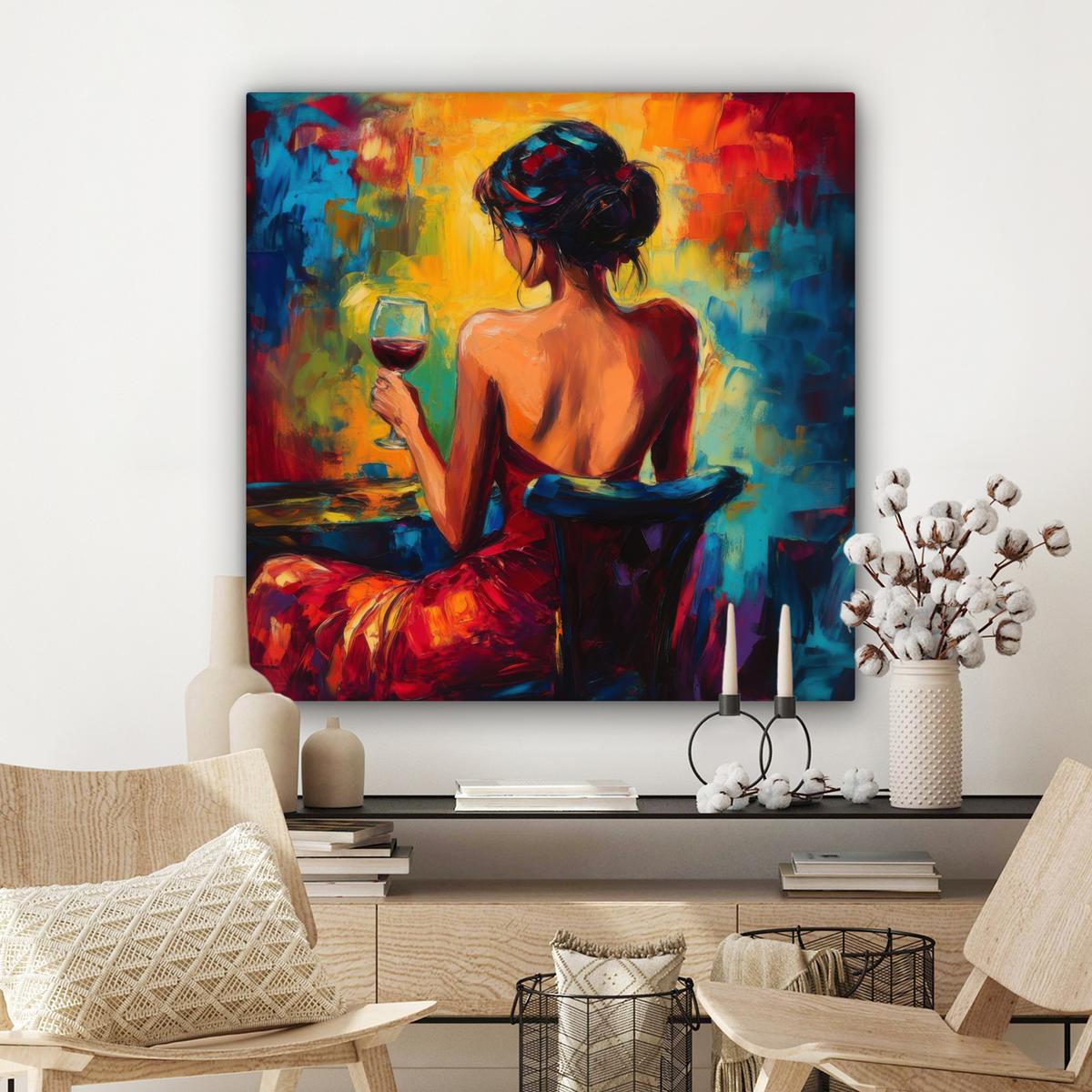 LEINWANDBILD Wein - Frau - Stimmungsvoll - Farbenfroh Deko Groß 90x90 cm - Bordeaux, Textil (90/90cm) - MuchoWow