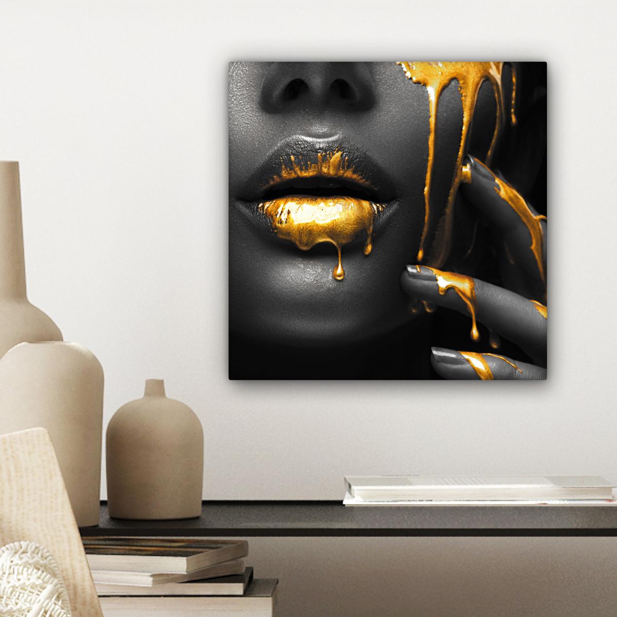 LEINWANDBILD Frau - Schwarz - Gold - Gesicht - Lippen Deko Wohnzimmer 20x20 cm - Goldfarben, Textil (20/20cm) - MuchoWow