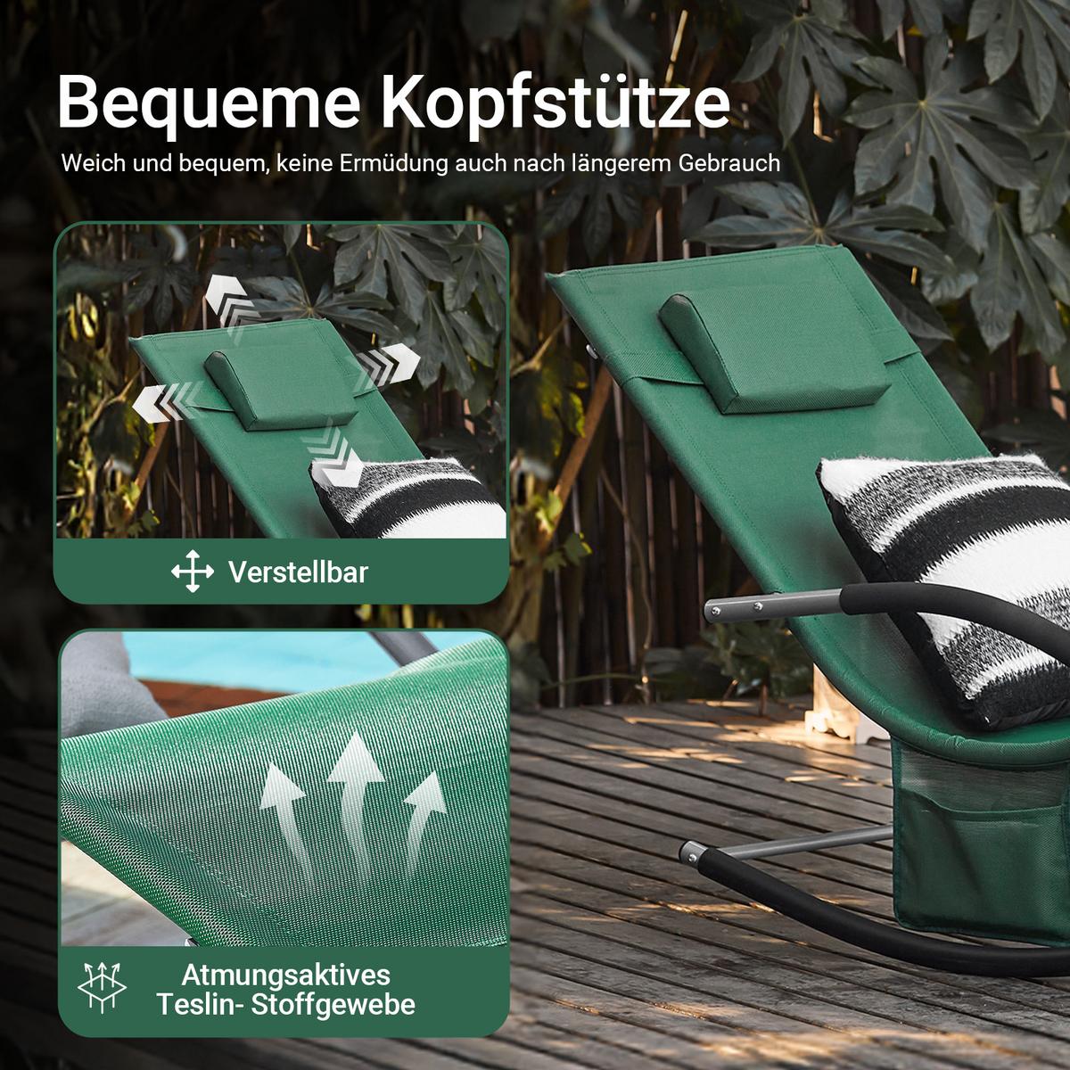 SONNENLIEGE mit Kopfkissen, Gartenliege bis 150kg, Dunkelgrün - Dunkelgrün, Metall (63/87/150cm) - SoBuy