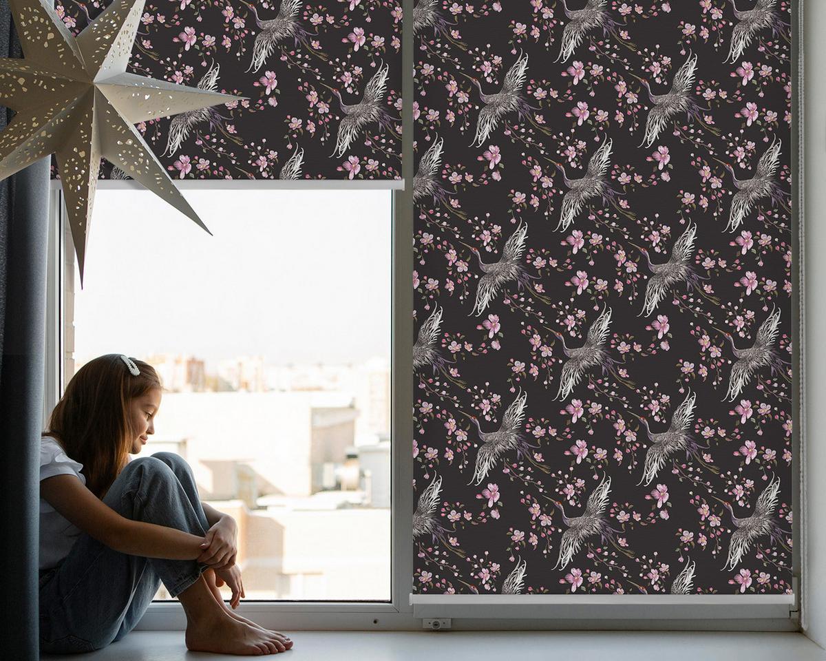 INNENROLLO - Fensterrollo - Rollo - 100x140 cm - Reiher und Blumen - Pink, Kunststoff (100/140/0.5cm) - TULUP