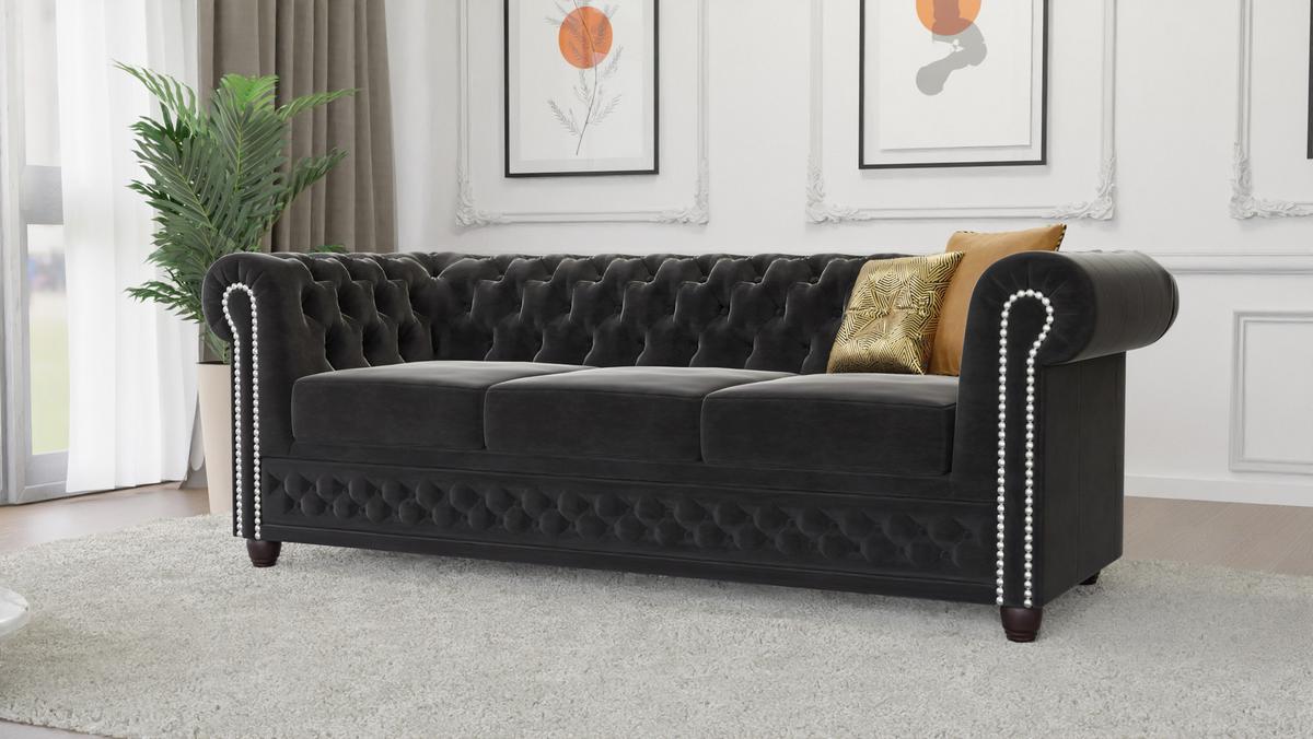 CHESTERFIELD-SOFA 3-Sitzer mit Schlaffunktion Nyx Schwarz Samt - Schwarz/Braun, Holz/Textil (203/28/86cm) - S-Style Möbel