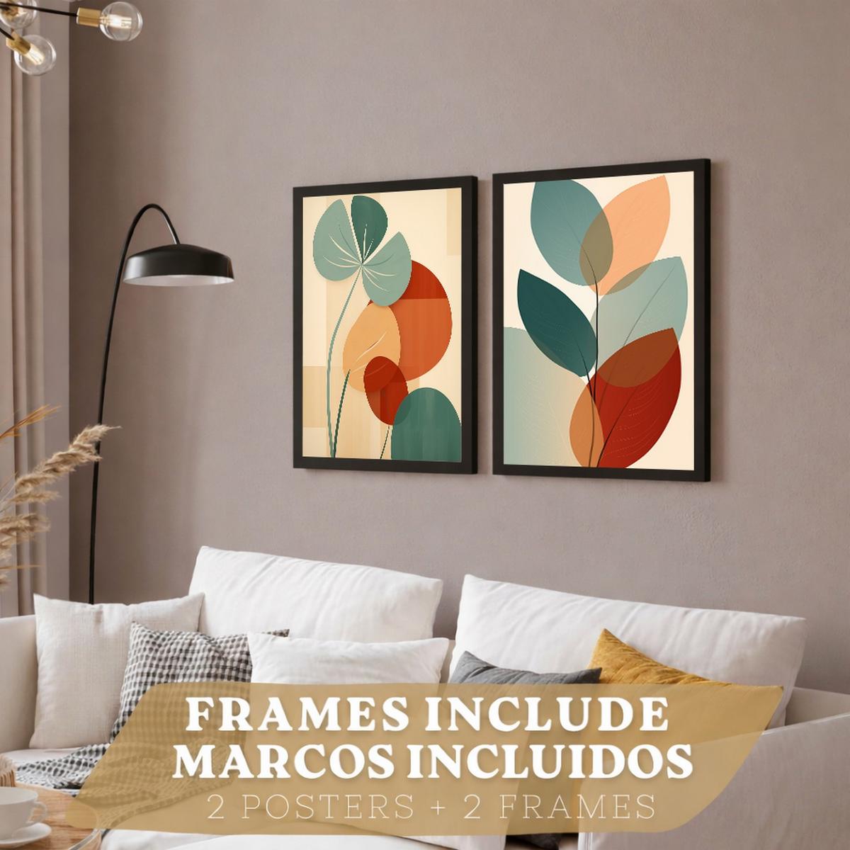 POSTER 2er-Set Wandbilder Blätter Pflanzen modern Wohnzimmer Deko, Schlafzimmer, Küche, Badezimmer Schwarzer Rahmen A4 - Schwarz, Papier (29.7/1/21cm) - Nacnic