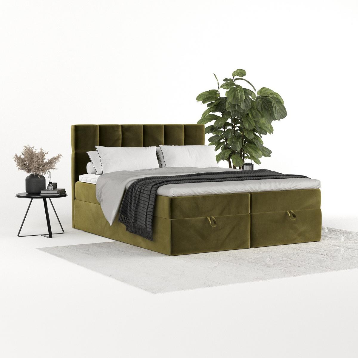 BOXBETT Savio 200/200 cm Olivgrün im Kronos Stoff - Schwarz/Olivgrün, Holz/Holzwerkstoff (200/200cm) - AltaBeds