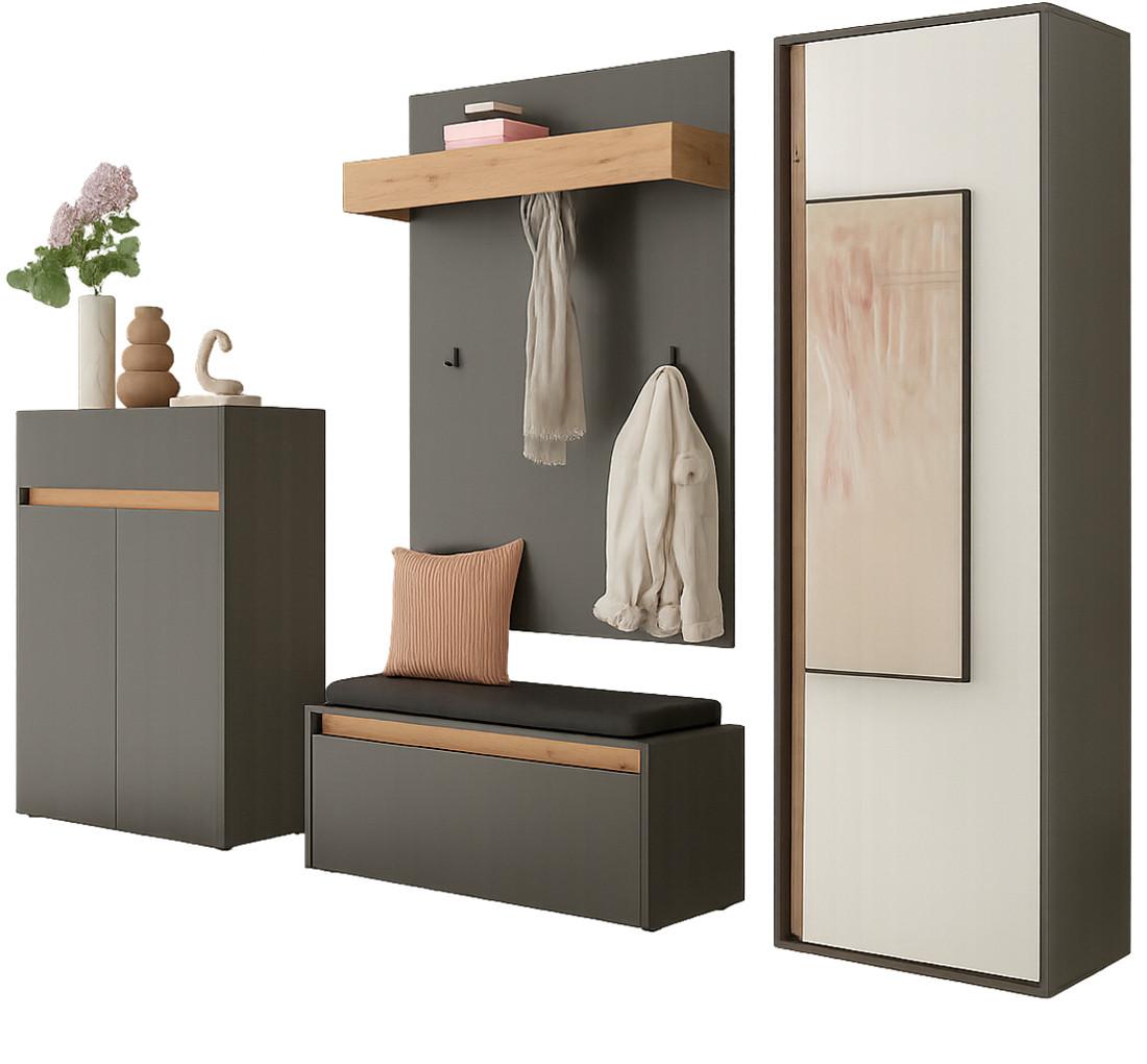 GARDEROBEN-SET 5-teilig Grau, Eiche Wotan 265 cm, Flurgarderobe mit viel Stauraum - Eiche Wotan/Schwarz, Glas/Holzwerkstoff (265/200/40cm) - Furn.Design