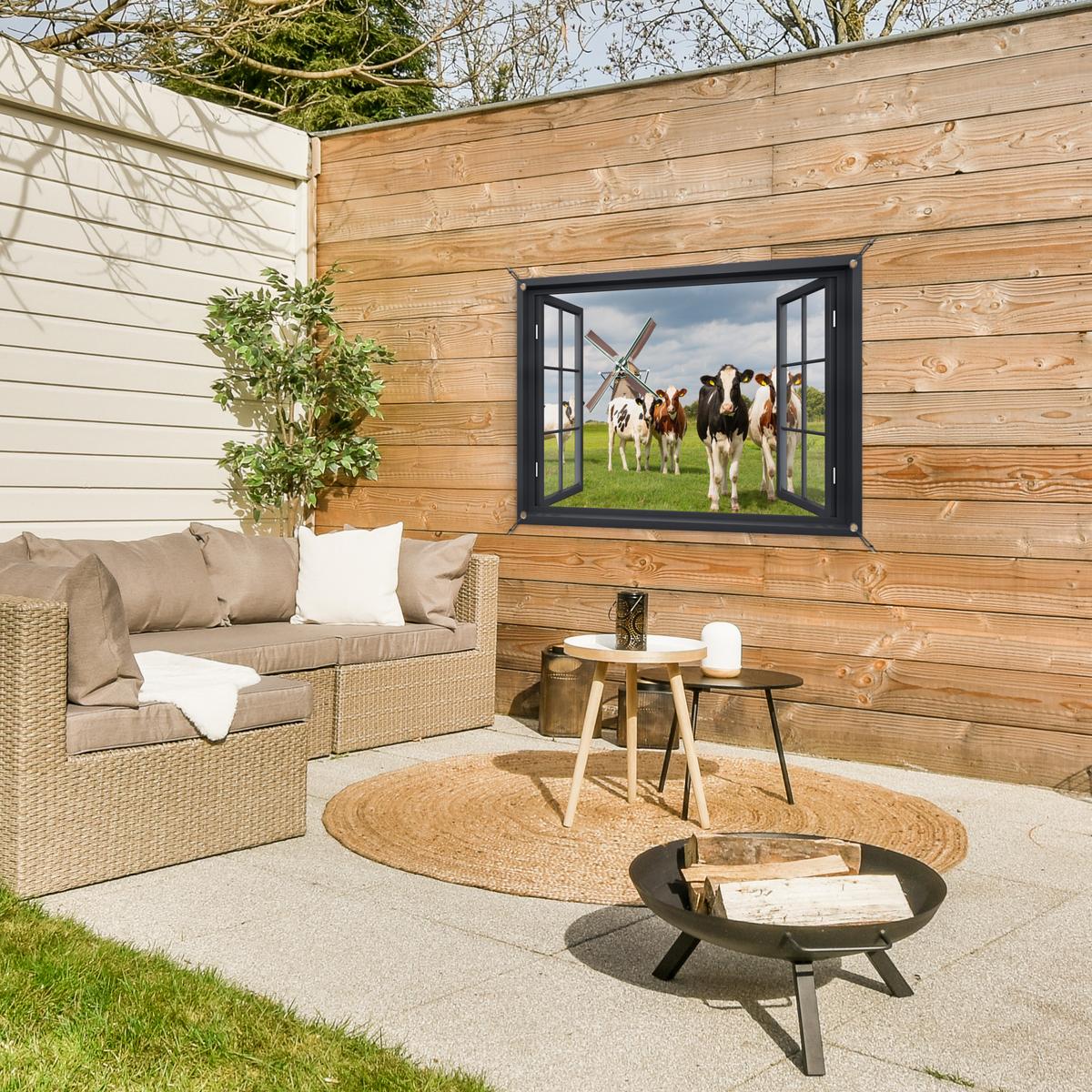 GARTENPOSTER Aussicht - Kuh - Mühle - Kühe - Wiese - Gras - Grün Gartendeko 90x60 cm - Anthrazit, Kunststoff (90/60/0.2cm) - OnlyWow
