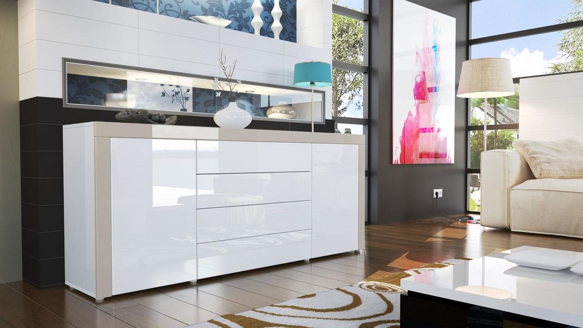 SIDEBOARD La Paz Weiß Hochglanz / Sandgrau Hochglanz - Sandfarben/Weiß Hochglanz, Holzwerkstoff (167/72/35cm) - Vladon