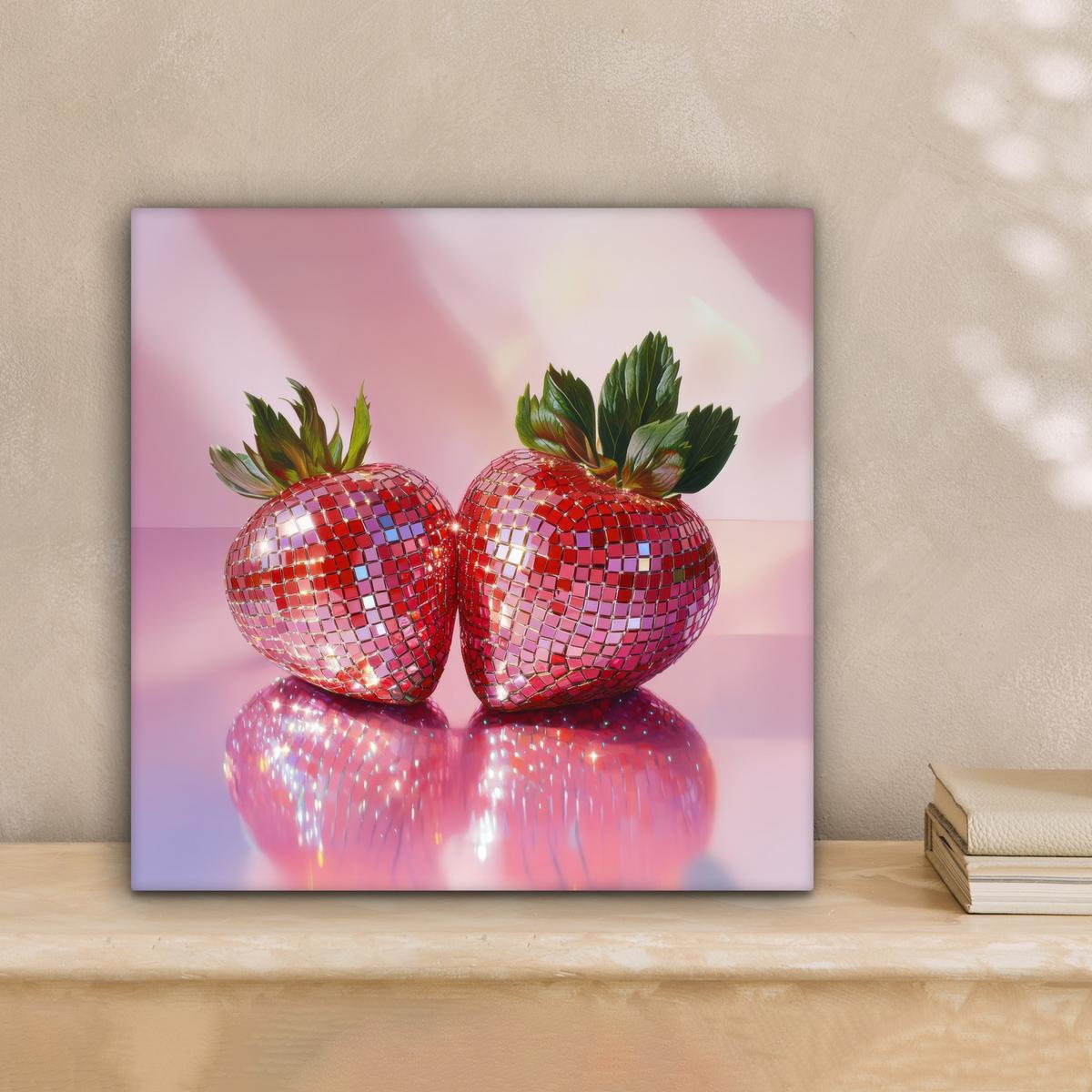 LEINWANDBILD Disco - Obst - Glitzer - Erdbeere Deko Wohnzimmer 20x20 cm - Pink, Textil (20/20cm) - MuchoWow