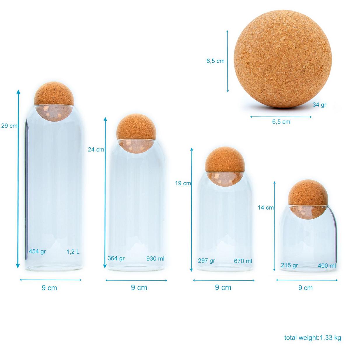 AUFBEWAHRUNGSBEHÄLTER Set mit Kork-Kugel (4-tlg.) - Transparent, Glas (9/29/9cm) - Intirilife