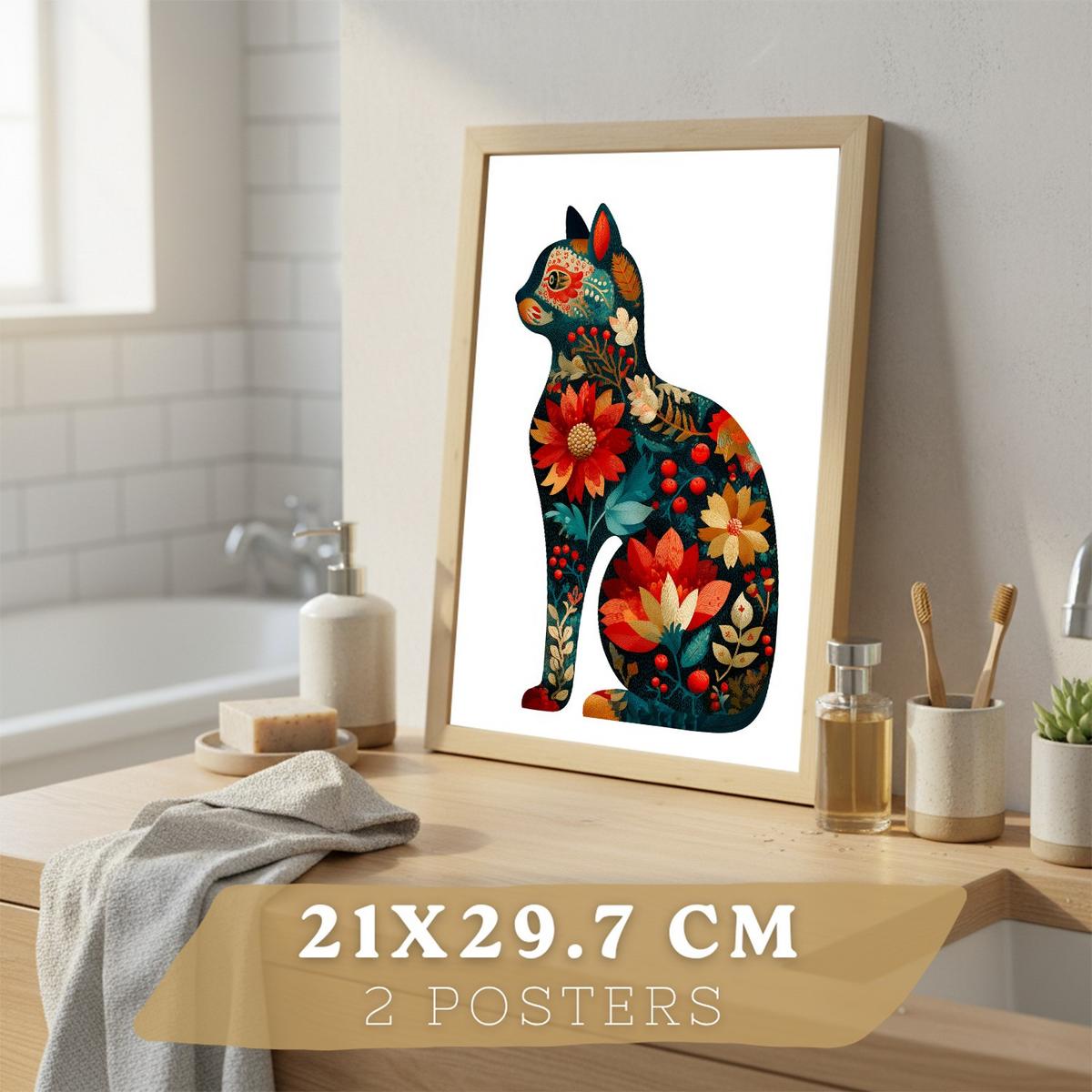 POSTER 2er-Set dekorative Badezimmer-Kunstdrucke, im Stil der Volkskunst, Toilette mit Vögeln und elegantem Blumen-Katzen Leichter Holzrahmen A4 - Beige, Papier (29.7/21/3cm) - Nacnic