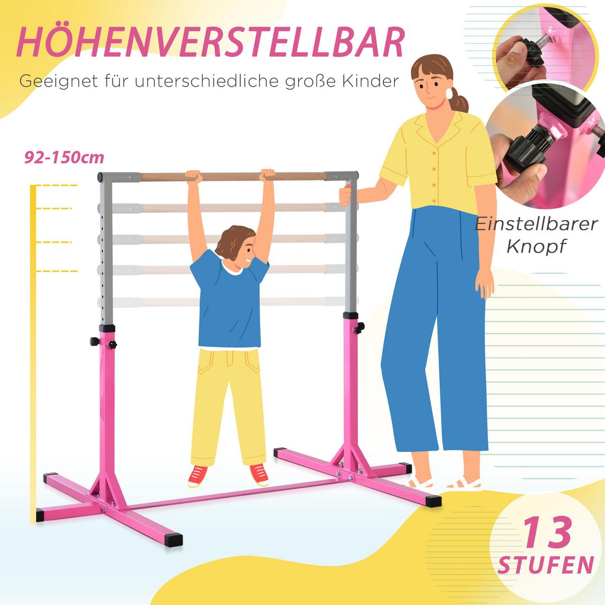 GYMNASTIK Turnreck Reckstange Turnstangen 13-stufige höhenverstellbar Rosa - Rosa, Metall (121/194cm) - HOMCOM