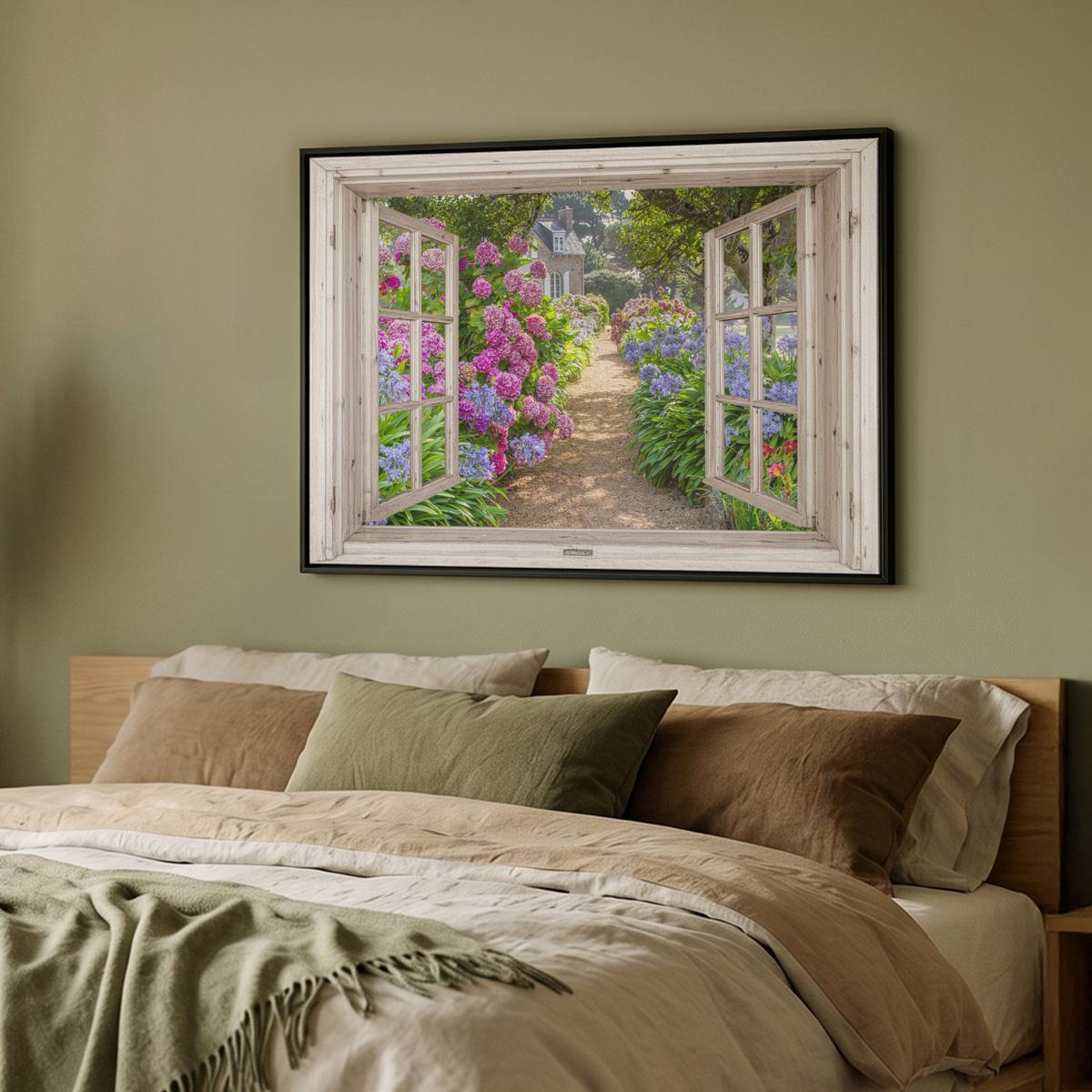 LEINWAND Bilder mit Rahmen - Hortensie - Durchsichtig - Blumen - Sommer - Lila - Weg - 100x70 - Lila, Textil (100/70cm) - MuchoWow