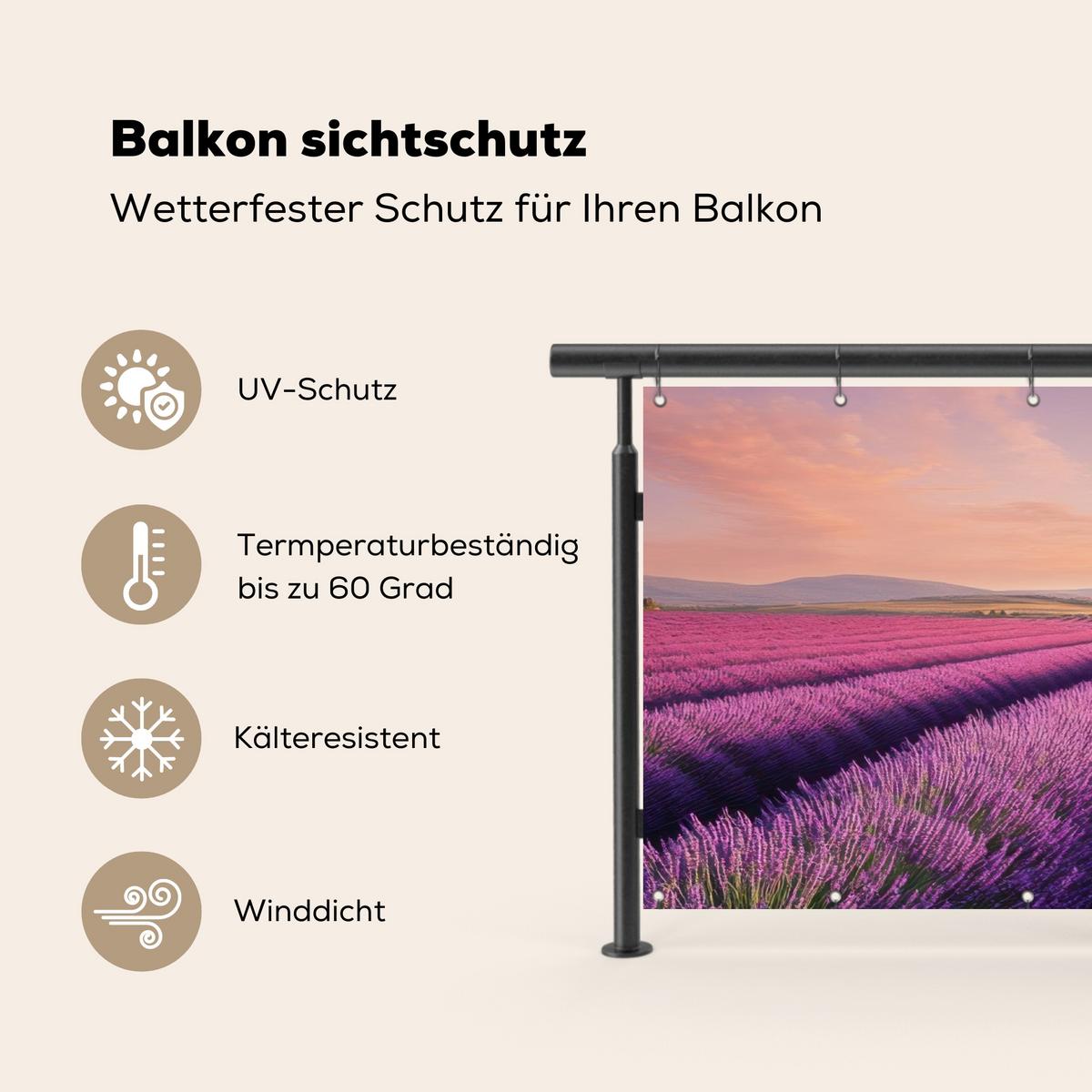 BALKON-SICHTSCHUTZ Lavendelfeld - Sonnenuntergang - Lila - Blumen Witterungsbeständig 200x90 cm - Violett, Kunststoff (200/90cm) - MuchoWow