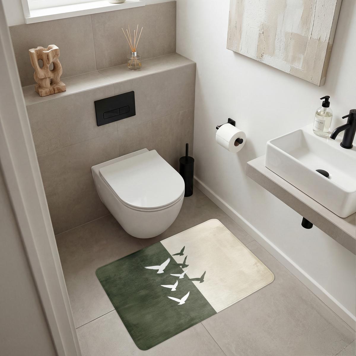 BADEMATTE Japandi - Vogel - Grün 90x60 cm - Olivgrün, Textil (90/60cm) - OnlyWow